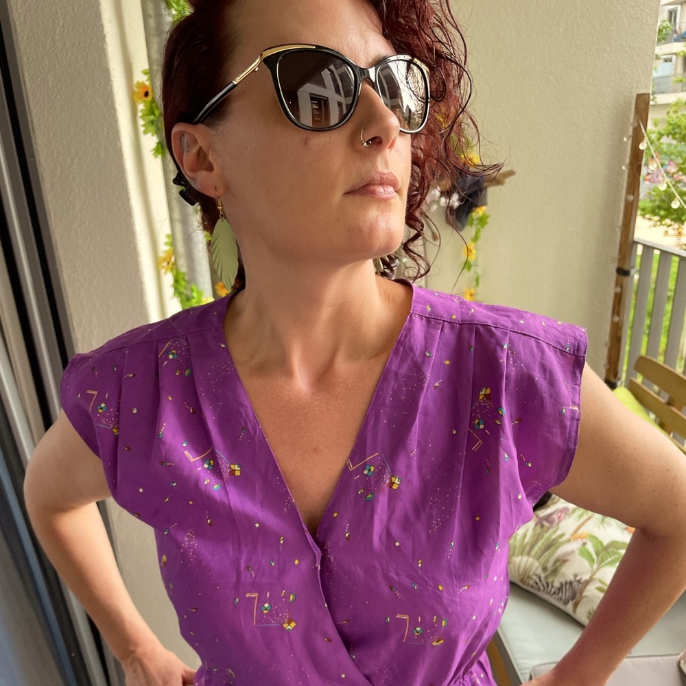 80s purple print asymmetric dress